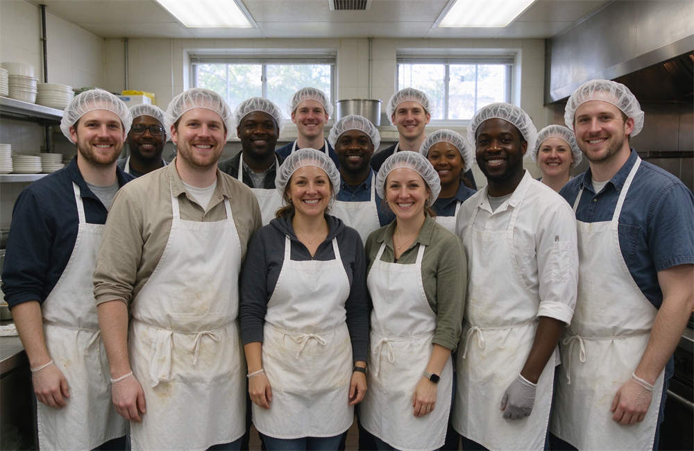 Group of diverse Western volunteers in kitchen uniforms, relief kitchen team photo, food service volunteers for disaster relief and emergency feeding operations