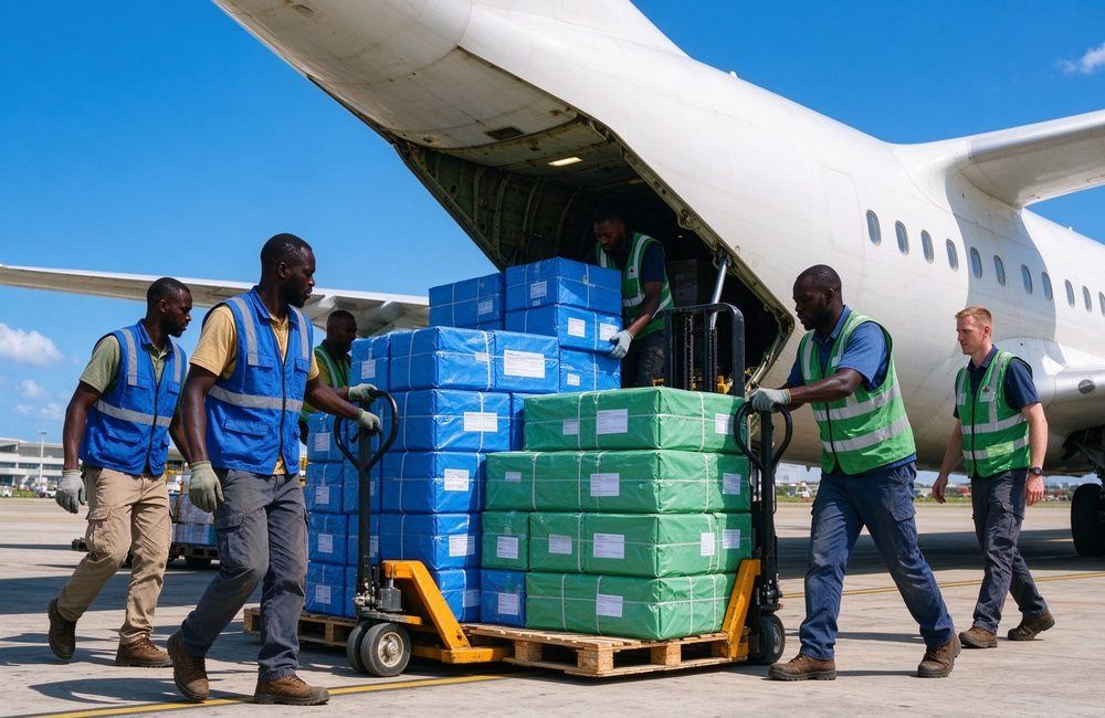 African and European logistics workers loading blue and green relief supply boxes into a civil cargo aircraft under a bright blue sky, showing UN humanitarian tenders delivery and air freight for Africa