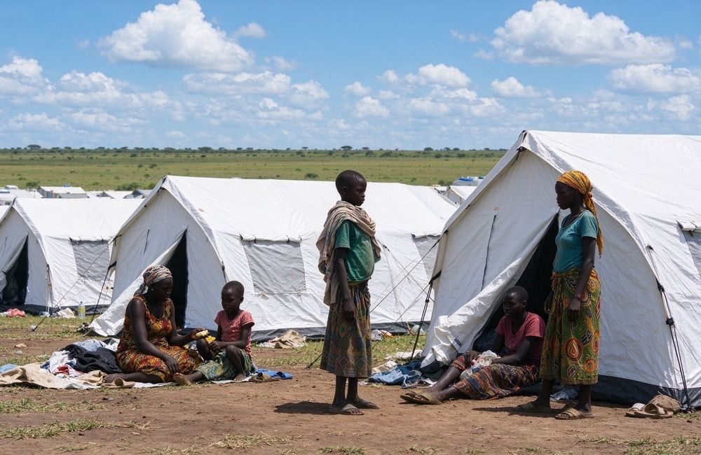 African relief worker distributing mosquito nets to families at a bright camp distribution point, showing UN agency procurement of mosquito nets for Africa