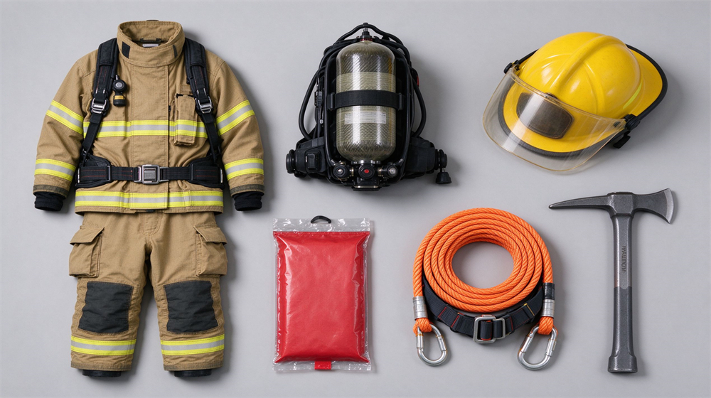 Top-down flat lay of six categories of fire equipment on light gray background: turnout coat, SCBA unit, yellow helmet, red blanket, orange escape rope and leather gloves, product fills eighty percent