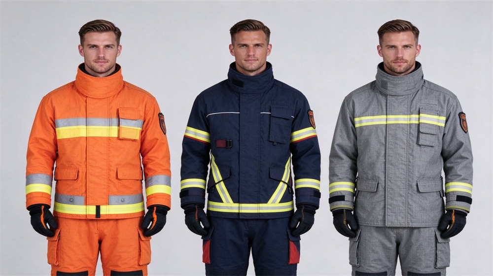 Side by side swatch comparison of three turnout shell materials Nomex Kevlar and PBI on light gray background, fabric textures clearly visible with English labels