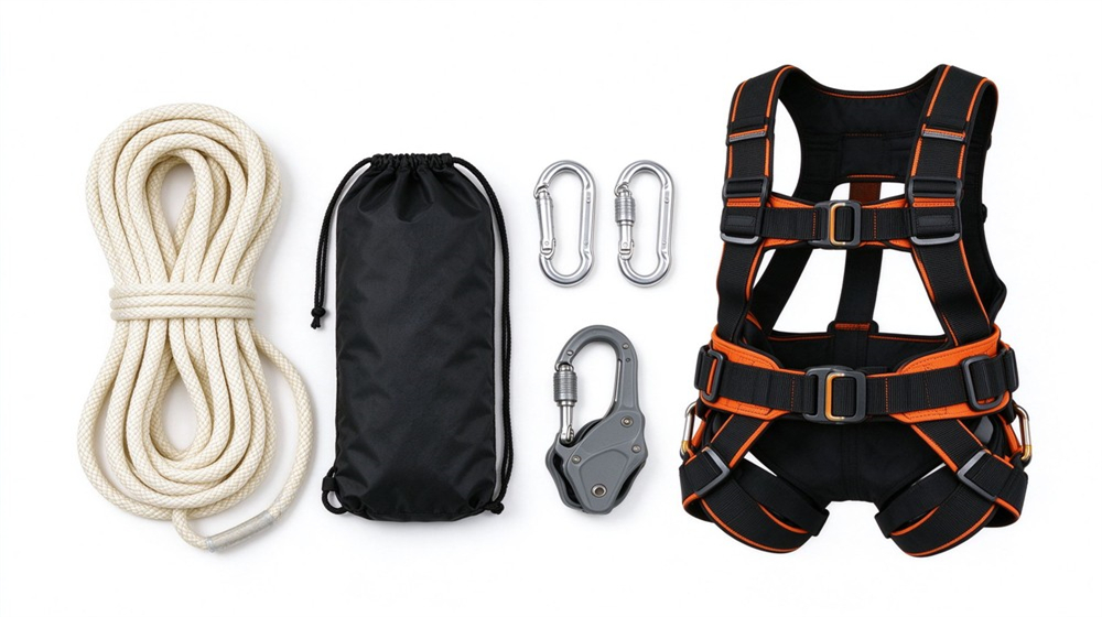 Studio flat lay of escape rope and safety harness family on light gray background: white kernmantle rope coiled, black full body harness, and orange descender carabiners