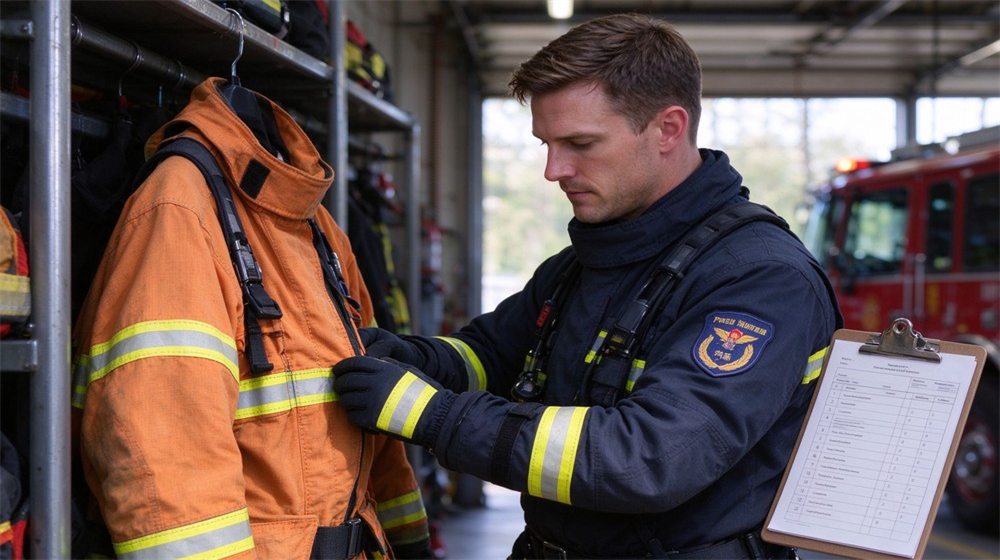 Firefighter inspects orange fire protective suit with checklist clipboard in fire station equipment room