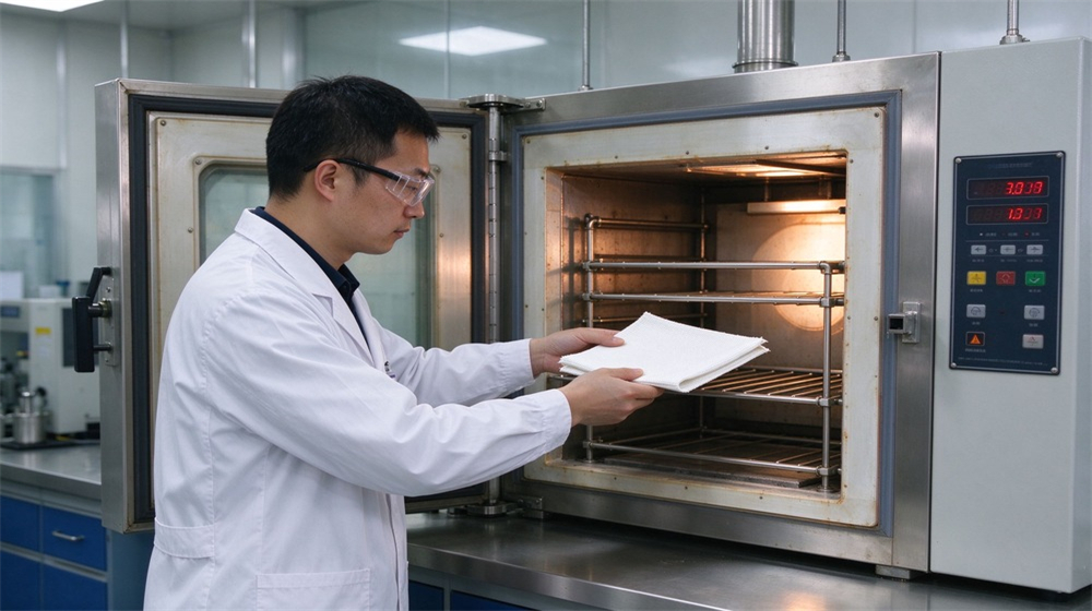 Technician puts fire resistant fabric into high temperature test chamber for performance test