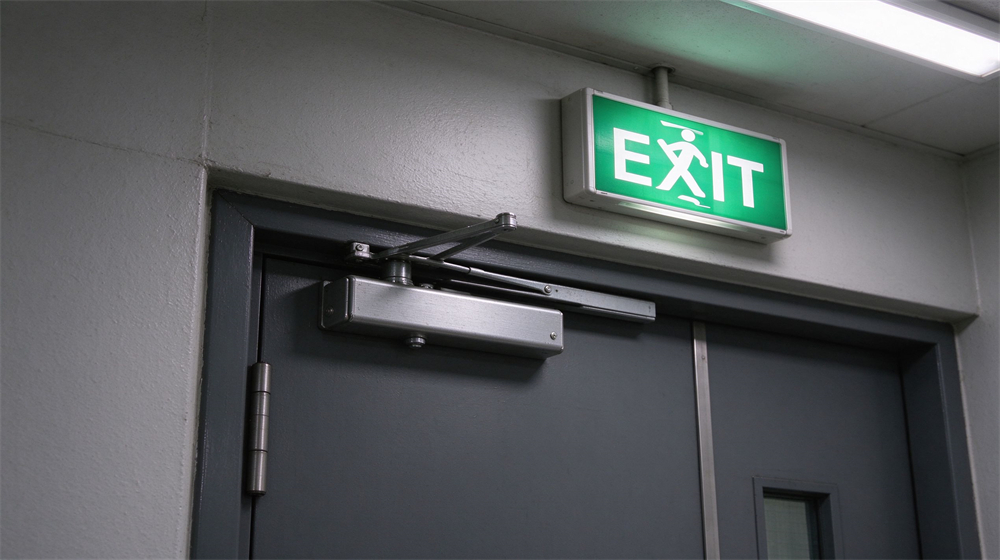 Close up of a heavy self closing dark grey fire door in a high rise stairwell, brushed metal door closer hardware, green illuminated EXIT sign above the door with running man pictogram, matte concrete wall