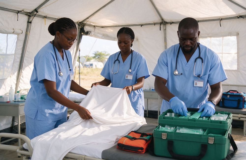 African medical team in blue scrubs preparing clinic beds and triage supplies inside a bright field clinic, showing medical relief supplies for field operations
