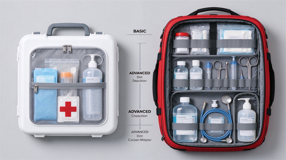 Top-down comparison flat lay on light gray background, left side small white basic first aid kit with few supplies, right side large red advanced trauma bag open with extensive medical supplies, English labels between columns