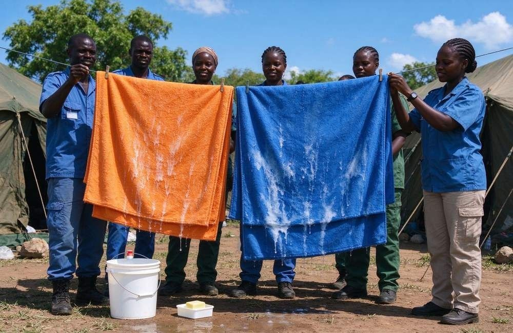 African health program staff hanging chlorine-dipped blankets and bedding on drying lines in bright sunlight, showing disinfectable bedding health programs in the field