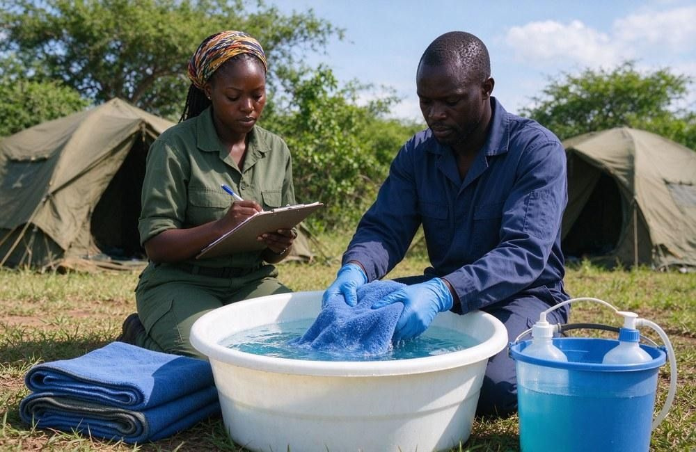 Health workers dipping blankets into a chlorine solution basin at a field site, showing disinfectable bedding health programs and cholera response supplies