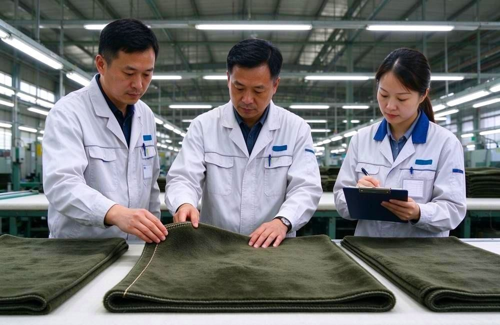 Asian inspectors measuring mosquito net mesh density with a magnifier-free gauge in the factory, showing insecticide treated nets wholesale batch checks Asian inspectors measuring mosquito net mesh density with a magnifier-free gauge in the factory, showing insecticide treated nets wholesale batch checks