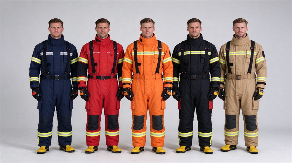 Studio product shot of firefighter turnout gear family in five colors laid out flat on light gray background: tan, navy, black, red and orange turnout coats with matching pants, reflective trim visible