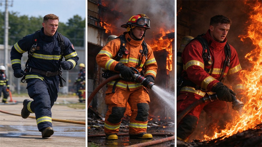 Outdoor training scene of multiple Caucasian firefighters in different tier turnout gear working together at a drill ground, hoses stretched, helmets on, realistic fire service training atmosphere