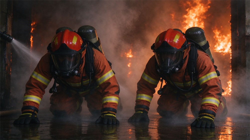Rescue scene of a firefighter in full SCBA and orange turnout gear crawling through thick smoke inside a training tower, low posture with hand on floor, face mask fully covering face