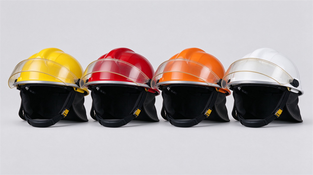 Studio product shot of four structural fire helmets in red, yellow, blue and white lined up on light gray background, clear visors and Nomex neck flaps visible
