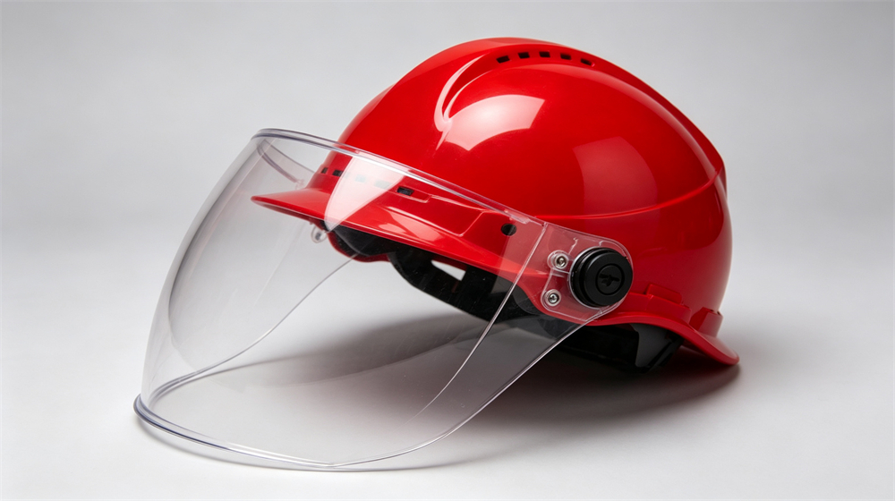 Close up studio shot of a red structural fire helmet with raised polycarbonate face shield visor, reflective trim and shell texture detail on light gray background