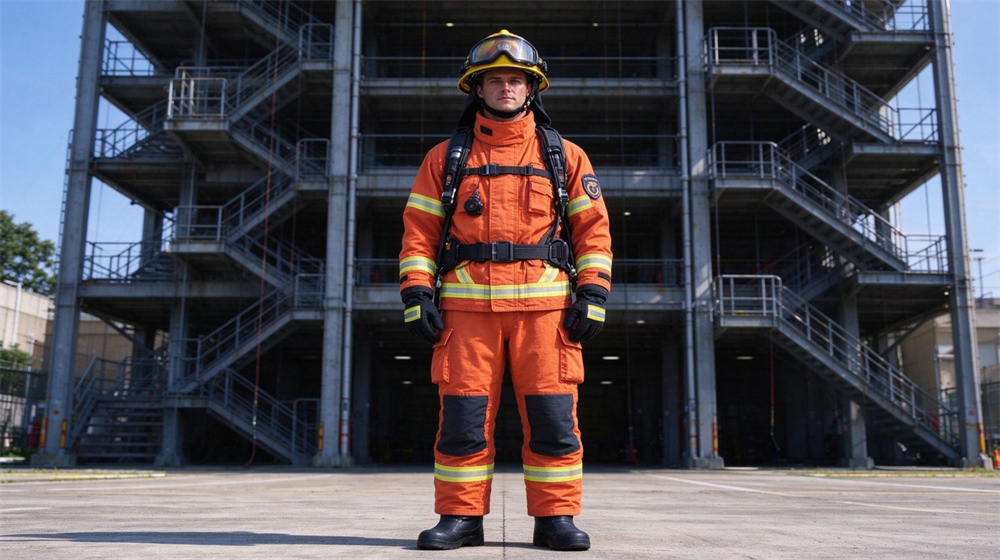 Full body outdoor shot of a Caucasian firefighter in orange turnout gear and yellow helmet standing at a training tower, gear complete, daylight drill ground