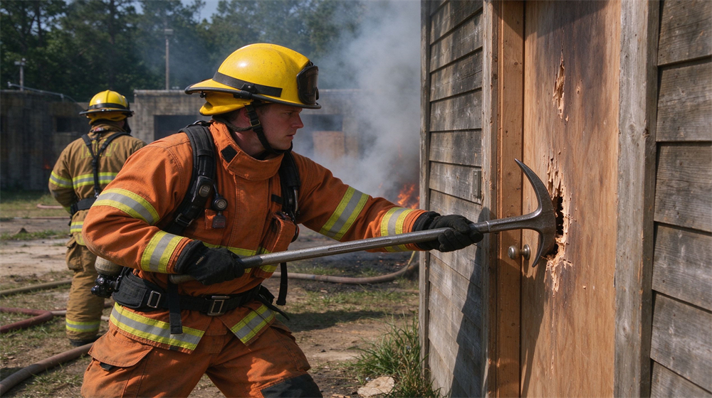 Daytime training scene of a Caucasian firefighter in orange turnout gear and yellow helmet forcing open a wooden door with a Halligan bar, second firefighter standing back watching, smoke in background