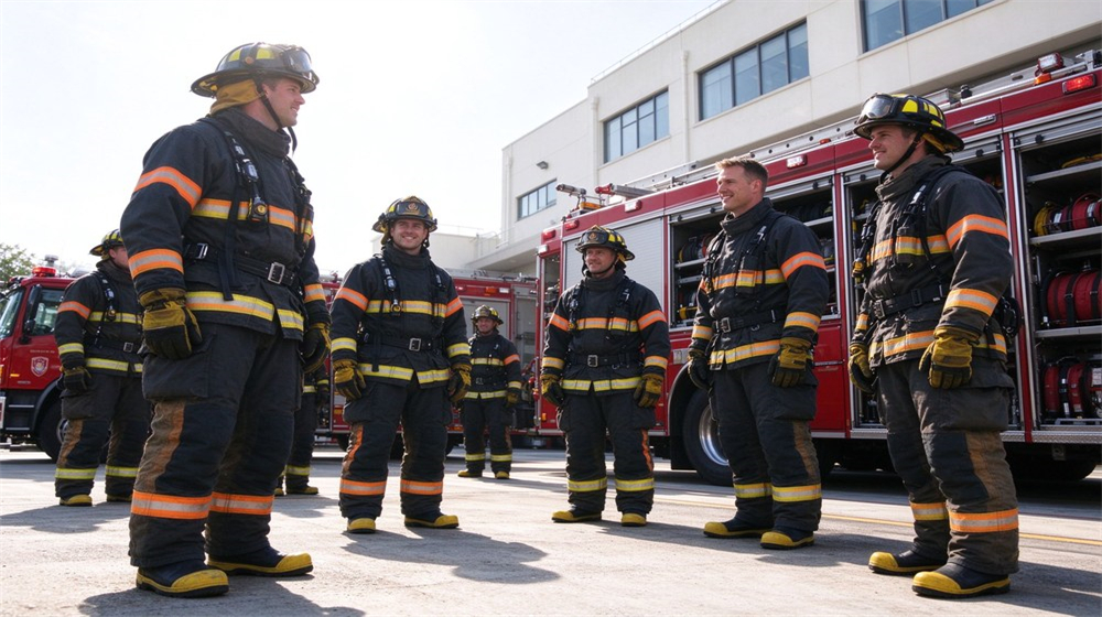 Outdoor scene of a four person firefighter team in full turnout gear and helmets standing ready for dispatch at a fire station, equipment complete, daylight