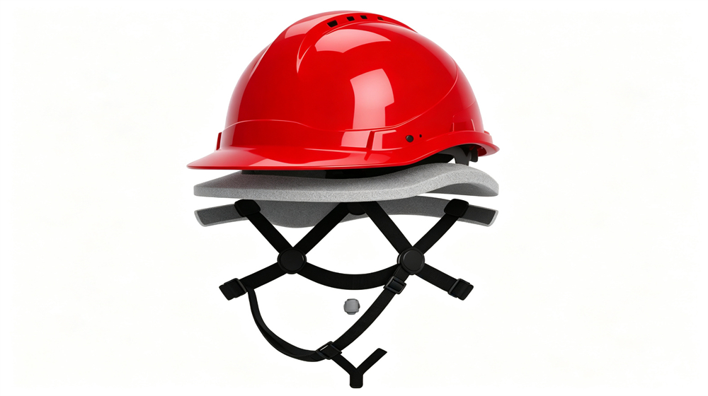 Red safety helmet with internal suspension harness and shock absorbing padding, protective headgear for industrial rescue.