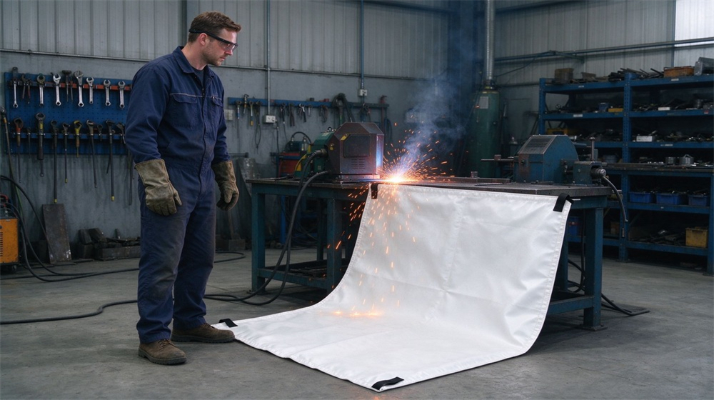 Worker observes cutting test, white welding fire blanket blocks sparks from metal cutting operation in workshop.