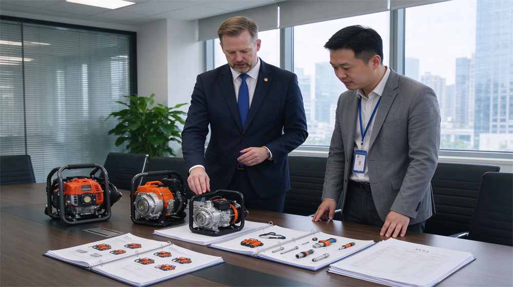 Two professionals examine portable fire pumps and product specification documents placed on conference table.