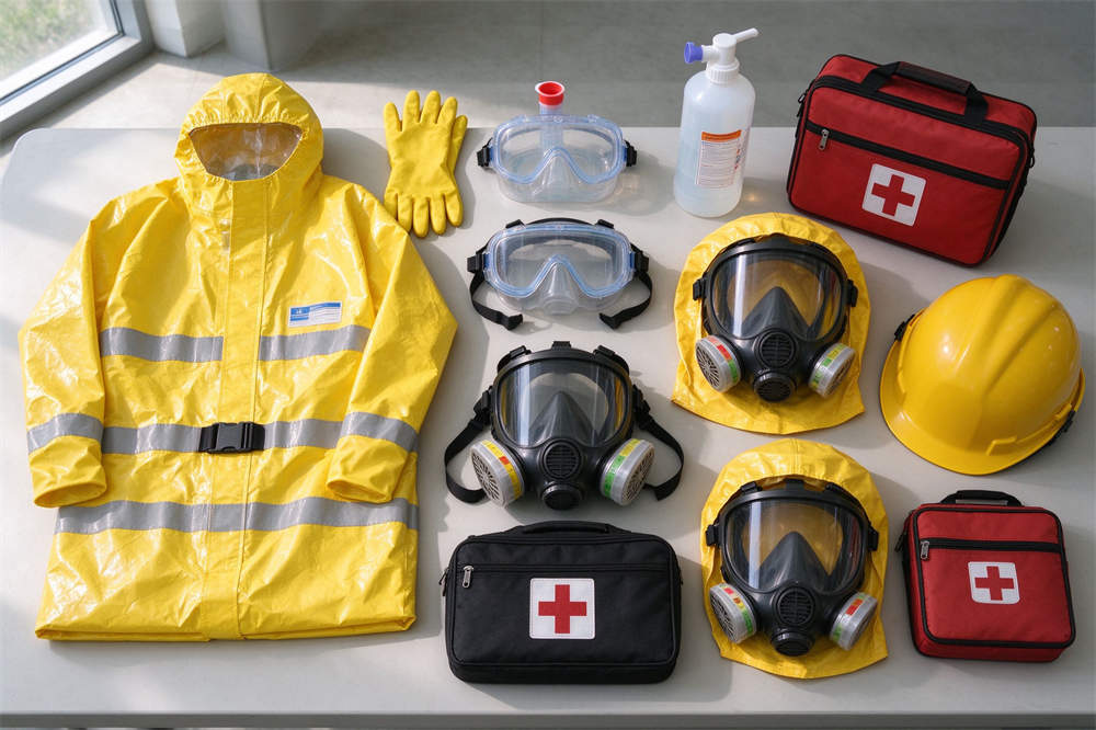 Chemical emergency PPE flat lay: protective suits, gloves, goggles, respirator, first aid kit, hard hats for HazMat response wholesale Chemical emergency PPE flat lay: protective suits, gloves, goggles, respirator, first aid kit, hard hats for HazMat response wholesale