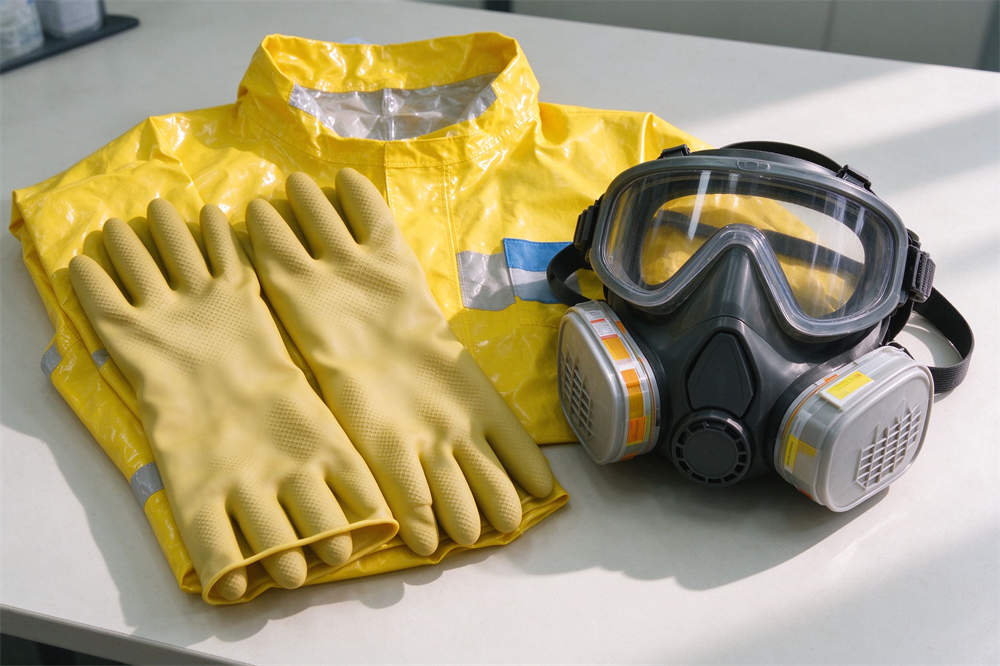 HazMat suits multiple colors hanging in warehouse: yellow, white, orange chemical protective coveralls for emergency response HazMat suits multiple colors hanging in warehouse: yellow, white, orange chemical protective coveralls for emergency response