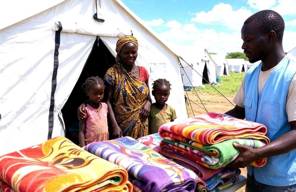 Tent camp with families settled on ground sheets and blankets after displacement, showing emergency bedding refugee camps in Africa and shelter programs