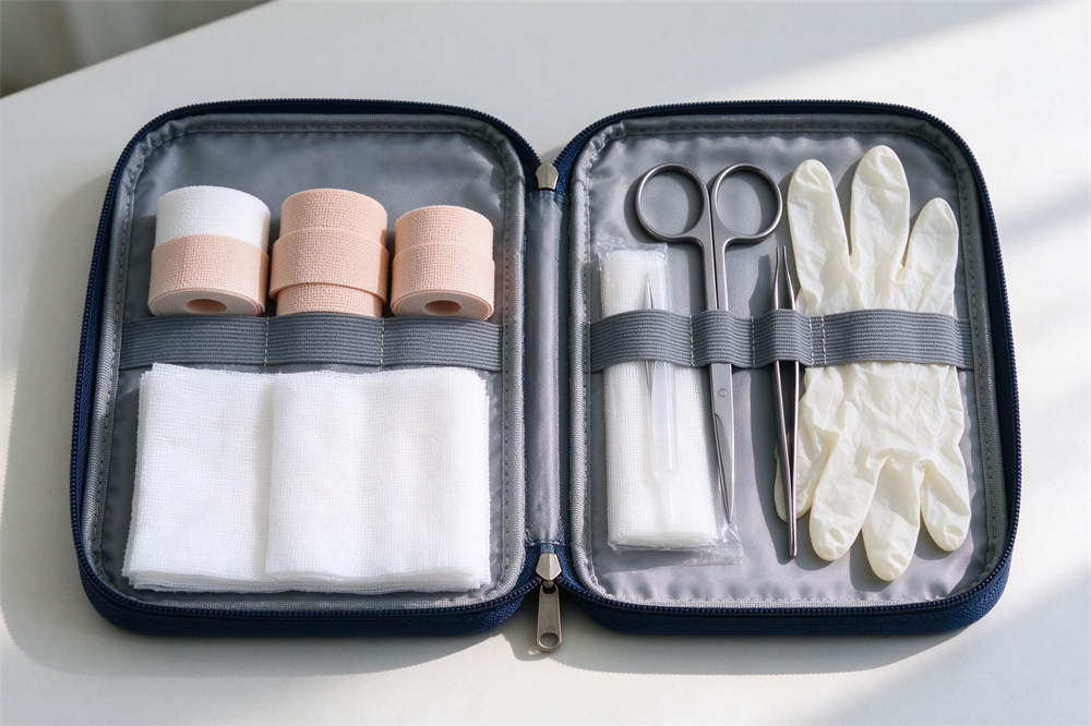 Flu first aid kit open with bandages gauze scissors tweezers no liquids, influenza preparedness medical supplies for home