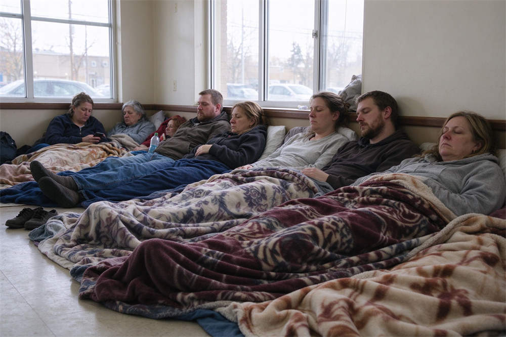 Community shelter recovery scene with people resting under thick blankets, bright natural light, influenza pandemic preparedness