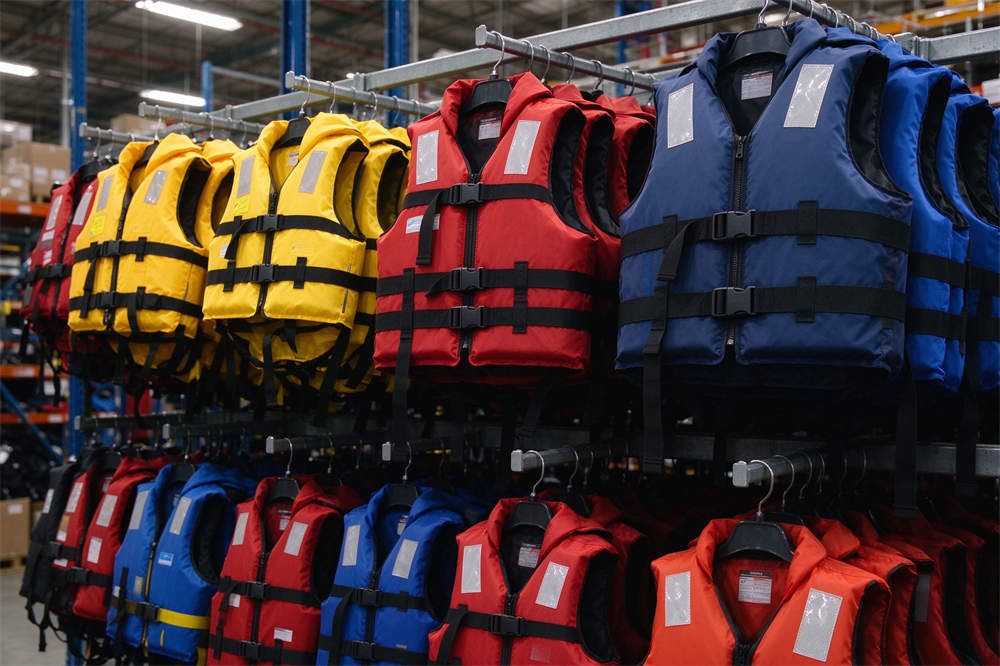 Life jackets warehouse rack display multiple styles, PFD wholesale for water safety and emergency services organizations Life jackets warehouse rack display multiple styles, PFD wholesale for water safety and emergency services organizations