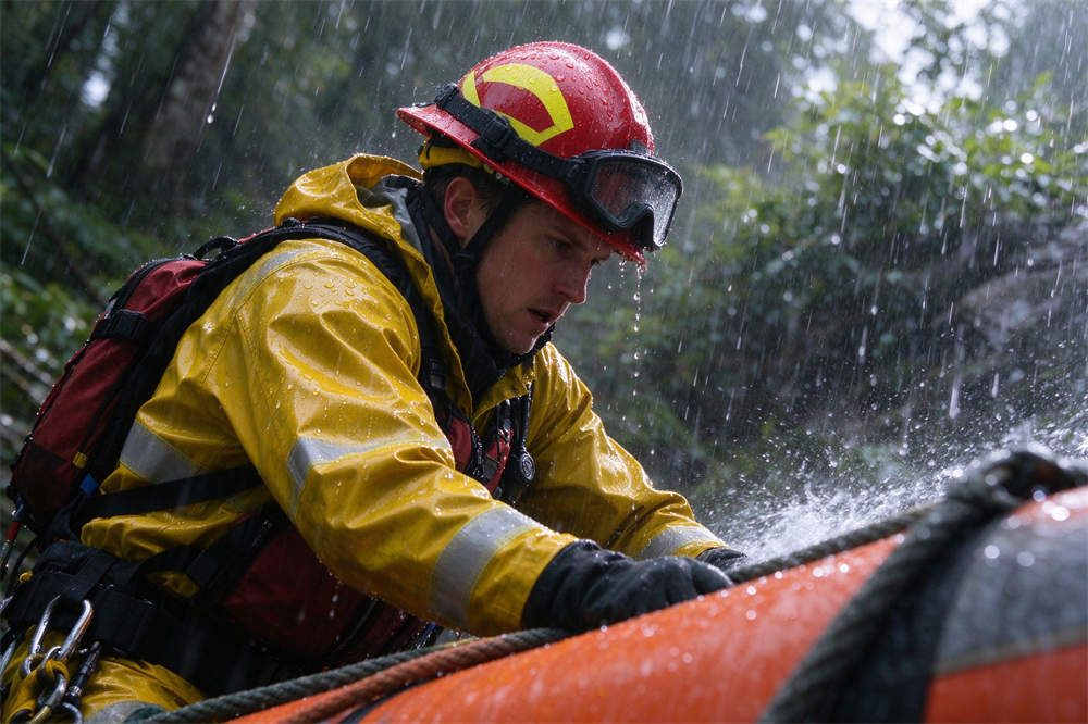 Rescue worker wearing reflective raincoat in rain, water safety PPE for flood rescue and emergency operations Rescue worker wearing reflective raincoat in rain, water safety PPE for flood rescue and emergency operations