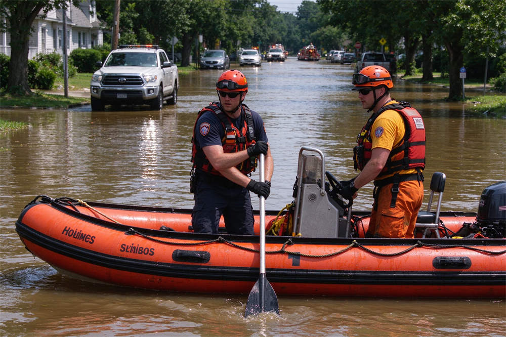 Flooded street rescue boat navigation, water safety kit equipment for flood emergency response and rescue operations Flooded street rescue boat navigation, water safety kit equipment for flood emergency response and rescue operations