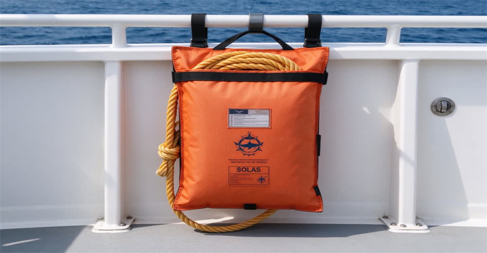 Front view of SOLAS-approved throwing rope line and quoit showing man overboard rescue equipment
