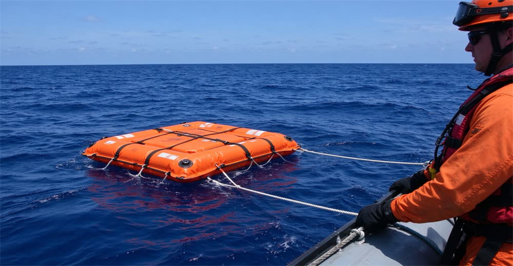 Wide view of person in orange life jacket clinging to floating survival pillow in open sea showing man overboard flotation