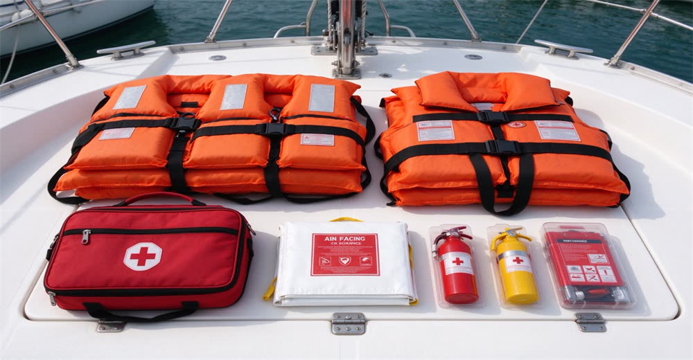 Flat lay of boat safety equipment including life rings flashlights and first aid kit showing complete vessel safety gearFlat lay of boat safety equipment including life rings flashlights and first aid kit showing complete vessel safety gear