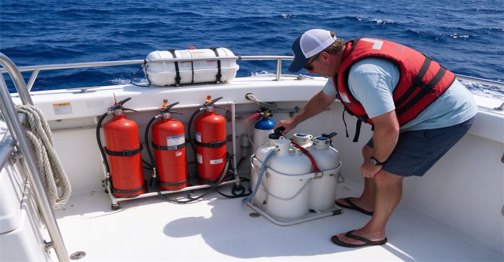 Eye-level view of boat owner inspecting life jackets on deck before voyage showing equipment maintenance