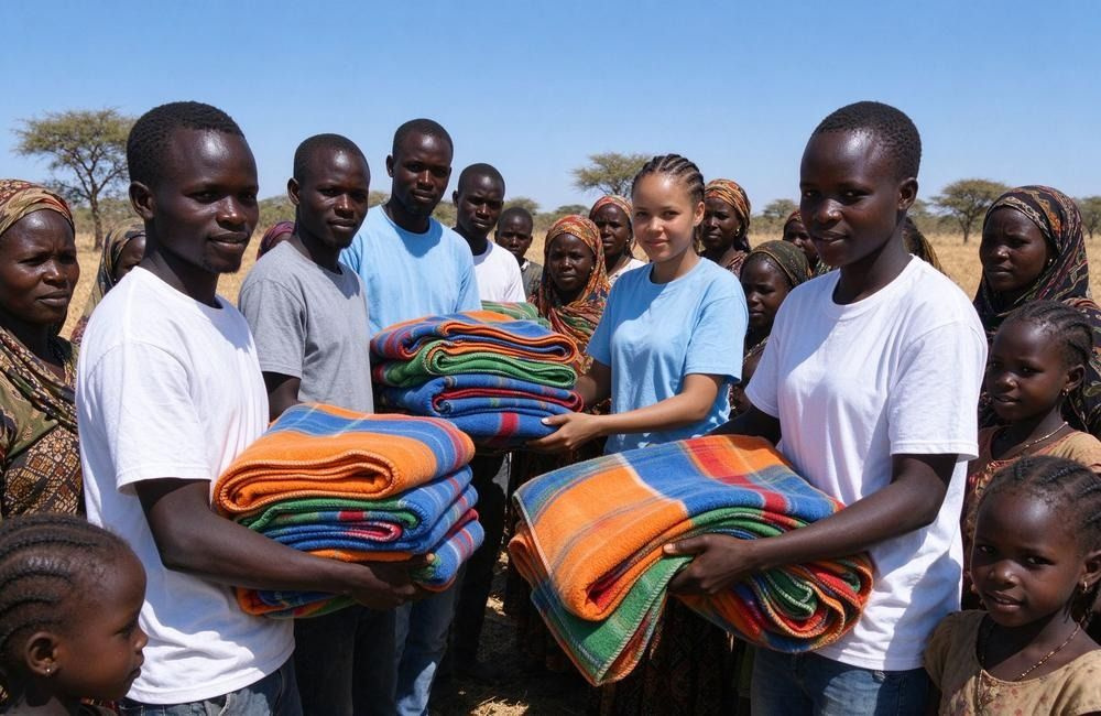Volunteers handing out drought relief blankets to families in an East African village, showing how bulk drought relief supplies for East Africa are distributed and tracked
