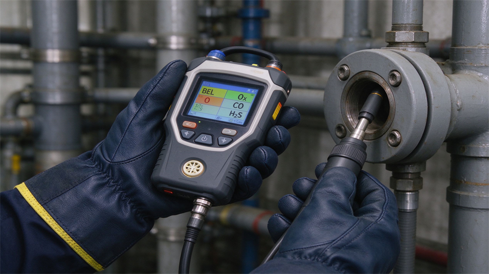 Worker wearing dark safety gloves holds multi gas detector and inserts sampling probe into pipeline flange for gas concentration inspection. Worker wearing dark safety gloves holds multi gas detector and inserts sampling probe into pipeline flange for gas concentration inspection.