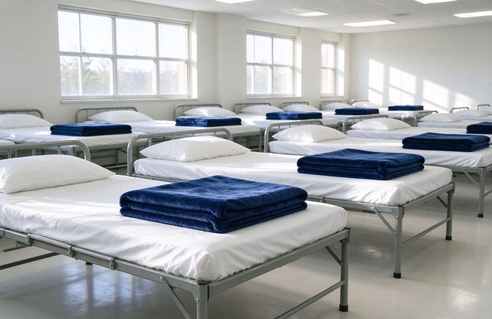 Beds with clean blankets in a health and nutrition centre serving drought-affected families, showing relief bedding for drought areas, thermal blankets for night-time cold