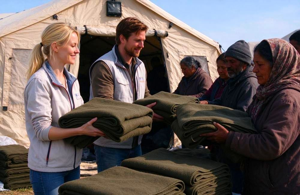 Volunteers handing out flood relief blankets at a field tent in Africa after flooding, showing the distribution stage of bulk emergency supplies