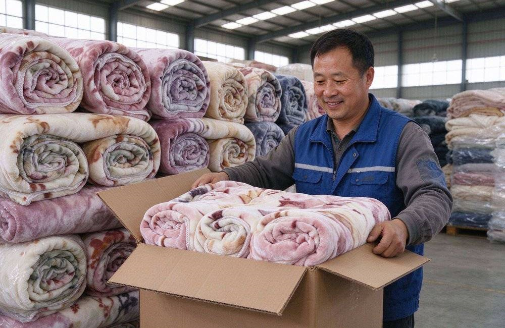 Wide view of staff opening a carton for delivery inspection of bulk flannel blankets, confirming packed relief blankets match the approved sample