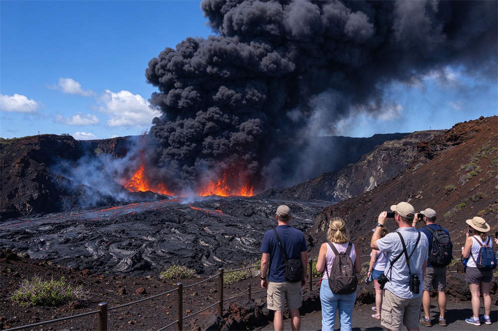 Dramatic volcano eruption with caucasian tourists watching from safe distance, volcanic ash preparedness and evacuation awareness Dramatic volcano eruption with caucasian tourists watching from safe distance, volcanic ash preparedness and evacuation awareness