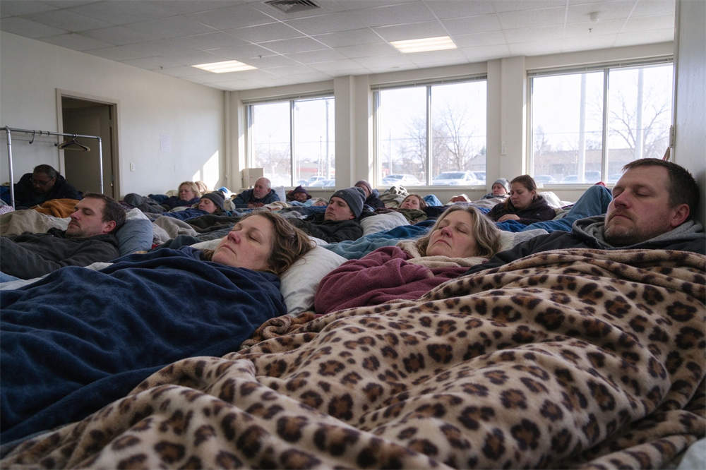 Evacuation shelter interior with people resting under blankets, bright windows, volcano eruption relief shelter operations