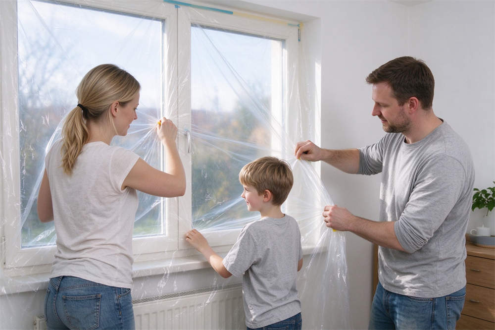Family sealing windows with plastic sheeting, volcanic ash preparedness home protection and volcano emergency kit steps Family sealing windows with plastic sheeting, volcanic ash preparedness home protection and volcano emergency kit steps