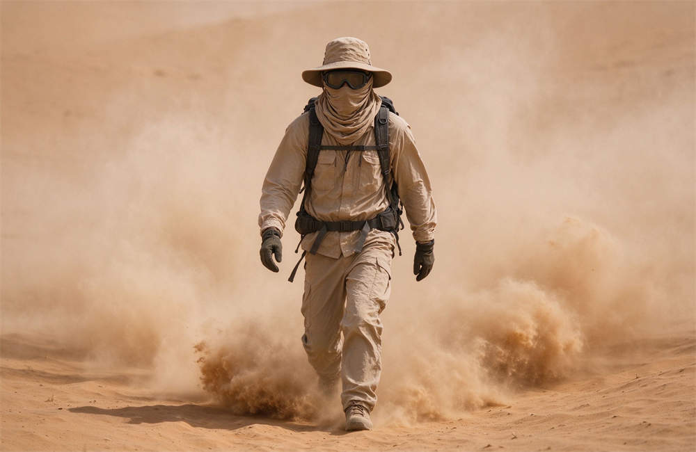 Worker fully covered in desert protective clothing, long sleeves, face scarf, goggles, wide brim hat, what to wear in sandstorm Worker fully covered in desert protective clothing, long sleeves, face scarf, goggles, wide brim hat, what to wear in sandstorm