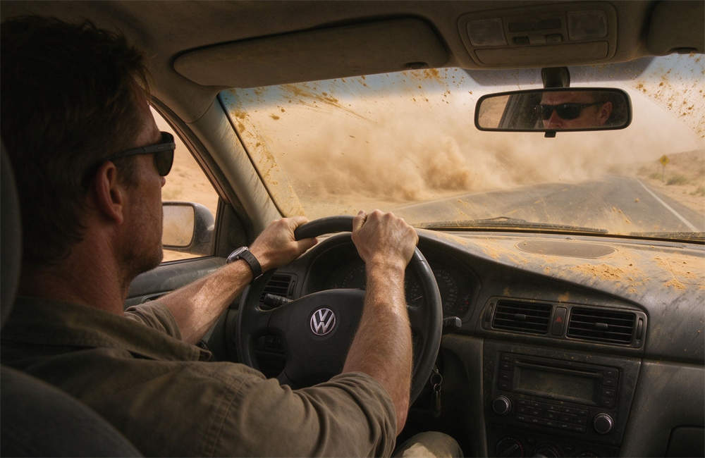 Caucasian driver pulling over car during sandstorm, windshield covered in yellow dust, zero visibility emergency driving Caucasian driver pulling over car during sandstorm, windshield covered in yellow dust, zero visibility emergency driving