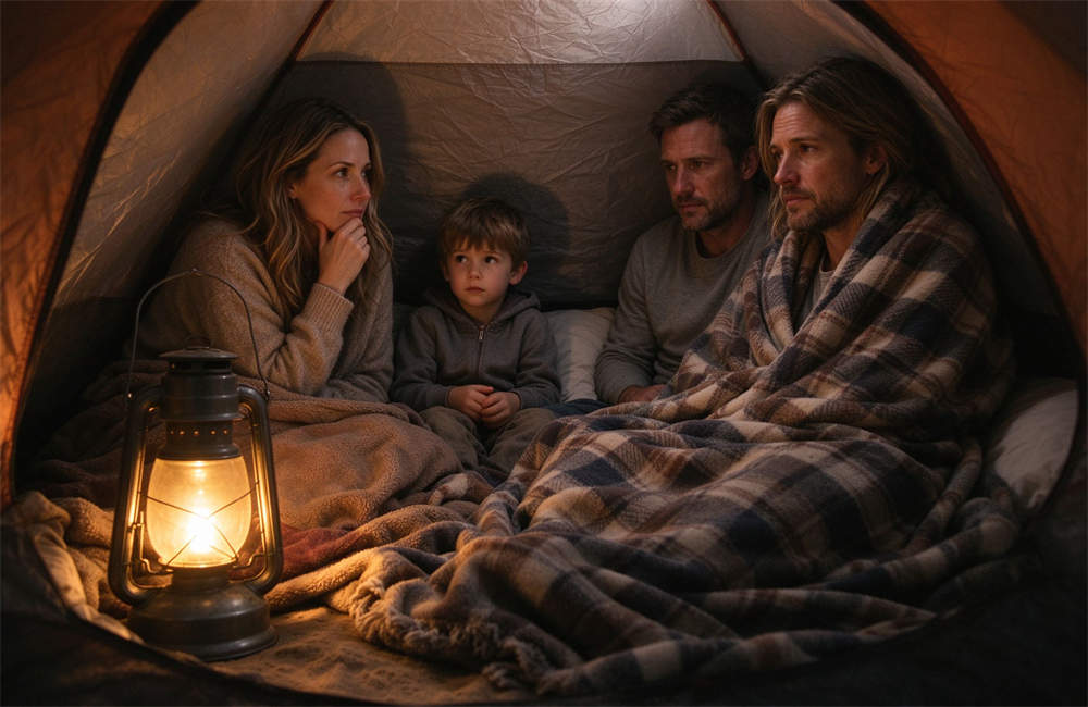 Caucasian family sheltering inside home tent during sandstorm, warm wool blankets and lantern light, emergency shelter Caucasian family sheltering inside home tent during sandstorm, warm wool blankets and lantern light, emergency shelter